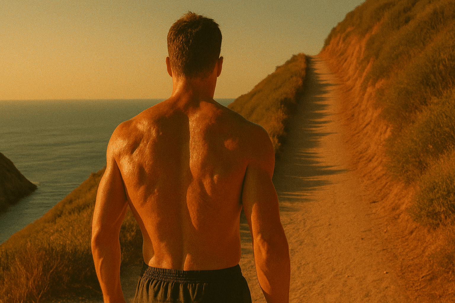 Man overlooking coastal trail at sunset